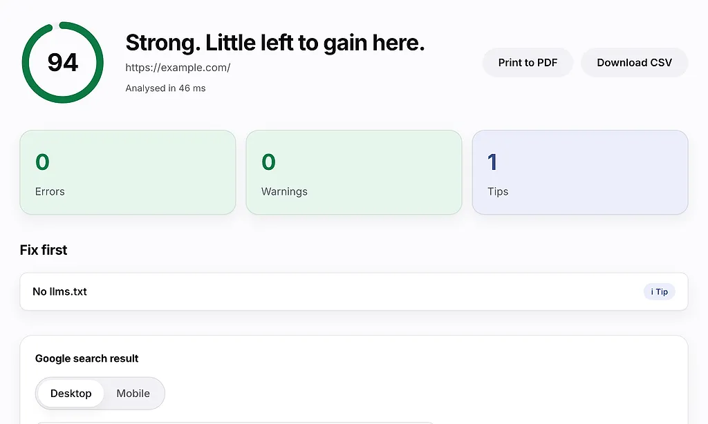 Sample OnPage.dev report, excellent score of 94: no errors, no warnings and 1 tip